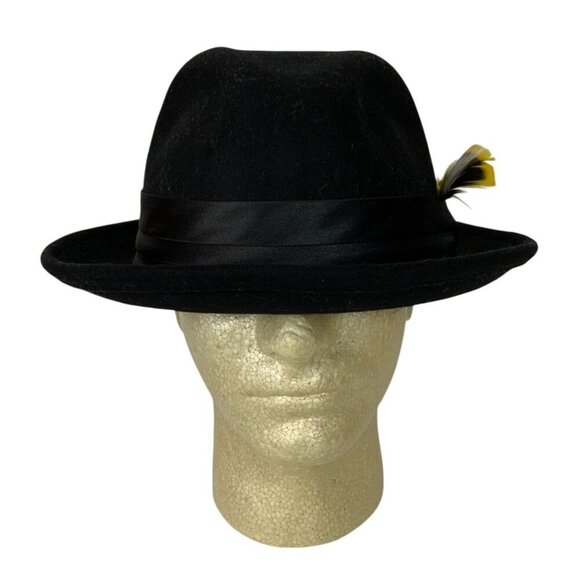 Stacy Adams Mens Black Wool Fedora Hat Satin Band Feather Accent Size XL - Picture 1 of 12